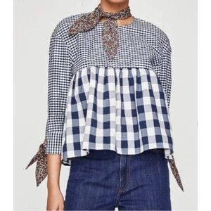 Zara Navy and White Gingham Blouse with Adjustable Floral Scarf and Ties
